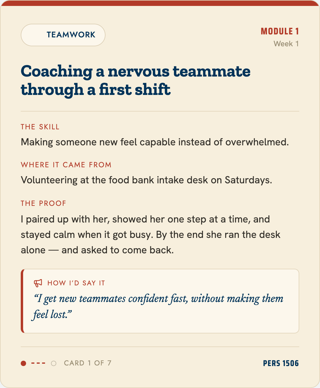 Example card, Teamwork: coaching a nervous teammate through a first shift. The skill: making someone new feel capable instead of overwhelmed. Where it came from: volunteering at the food bank intake desk. How I'd say it: I get new teammates confident fast, without making them feel lost.